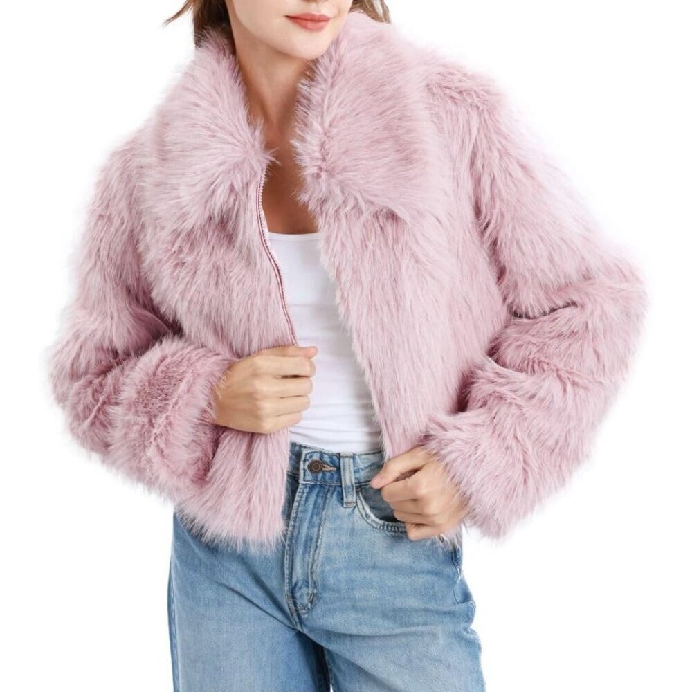 Women's Faux Fur Zip-Up Cropped Jacket Long Sleeve Warm Winter Coat Pink
